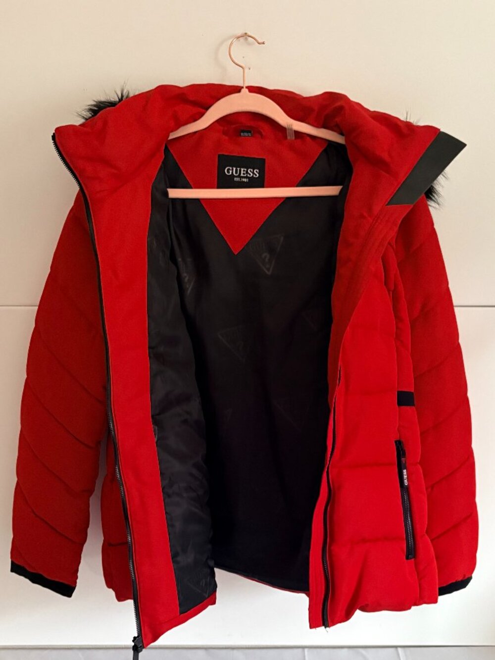 Guess Woman Hooded Red Faux Fur Puffer with Black Accents Jacket Size XL